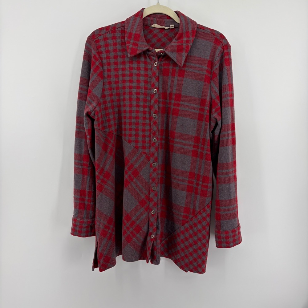 Soft Surroundings Plaid Button Down Red Women Large Knit Tunic Long Sleeve